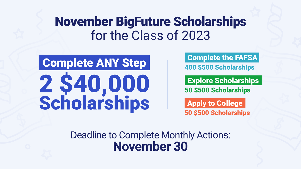 #Classof2023: When you take steps on BigFuture to get ready for college, you’ll be entered in drawings for $40,000 and $500 #BigFutureScholarships. spr.ly/6016MFwo4