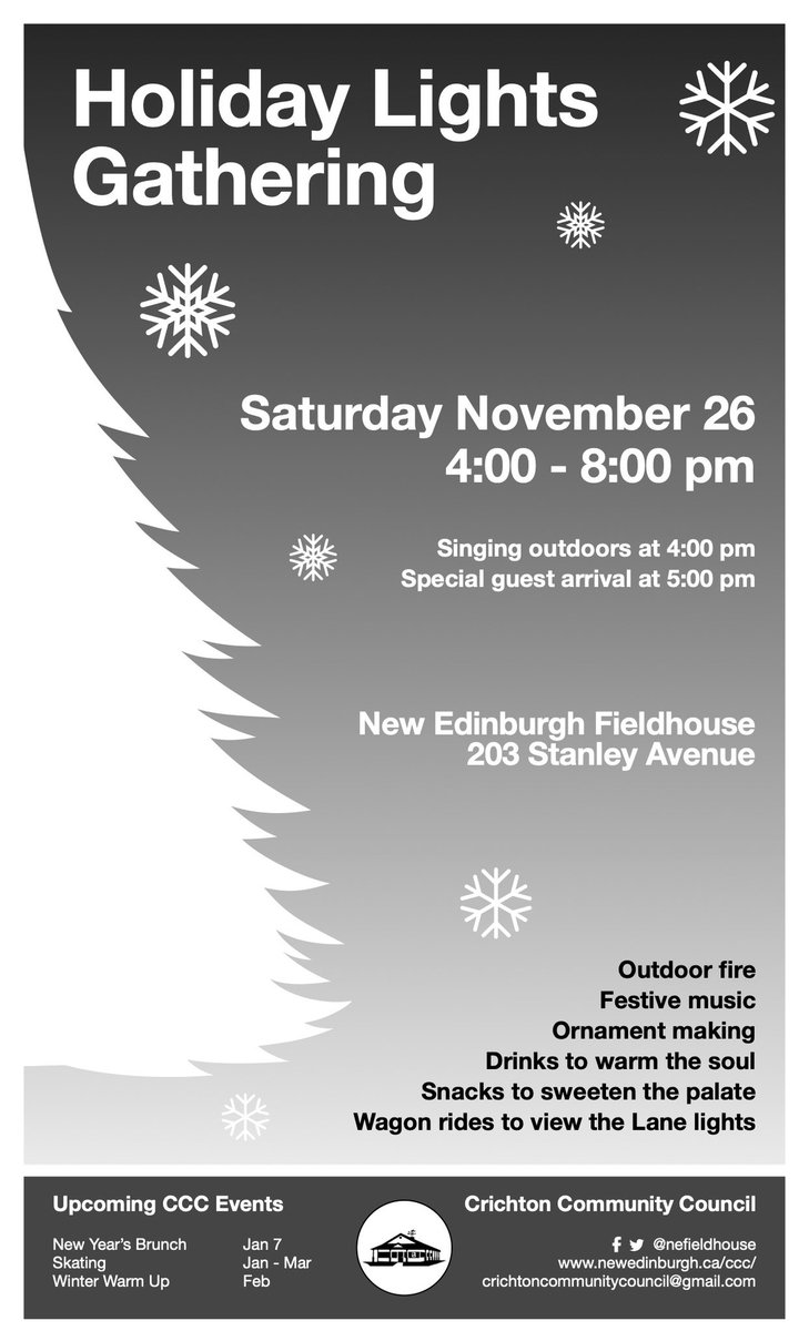 Warm up for the holiday season at the Fieldhouse on Sat, Nov 26 from 4 to 8 pm, during the Holiday Lights Gathering. Festive music. Snacks. Drinks. Outdoor fire. Ornament making. Wagon ride. Lane lights. A bearded man in a red suit ready to hear gift requests will arrive at 5 pm.