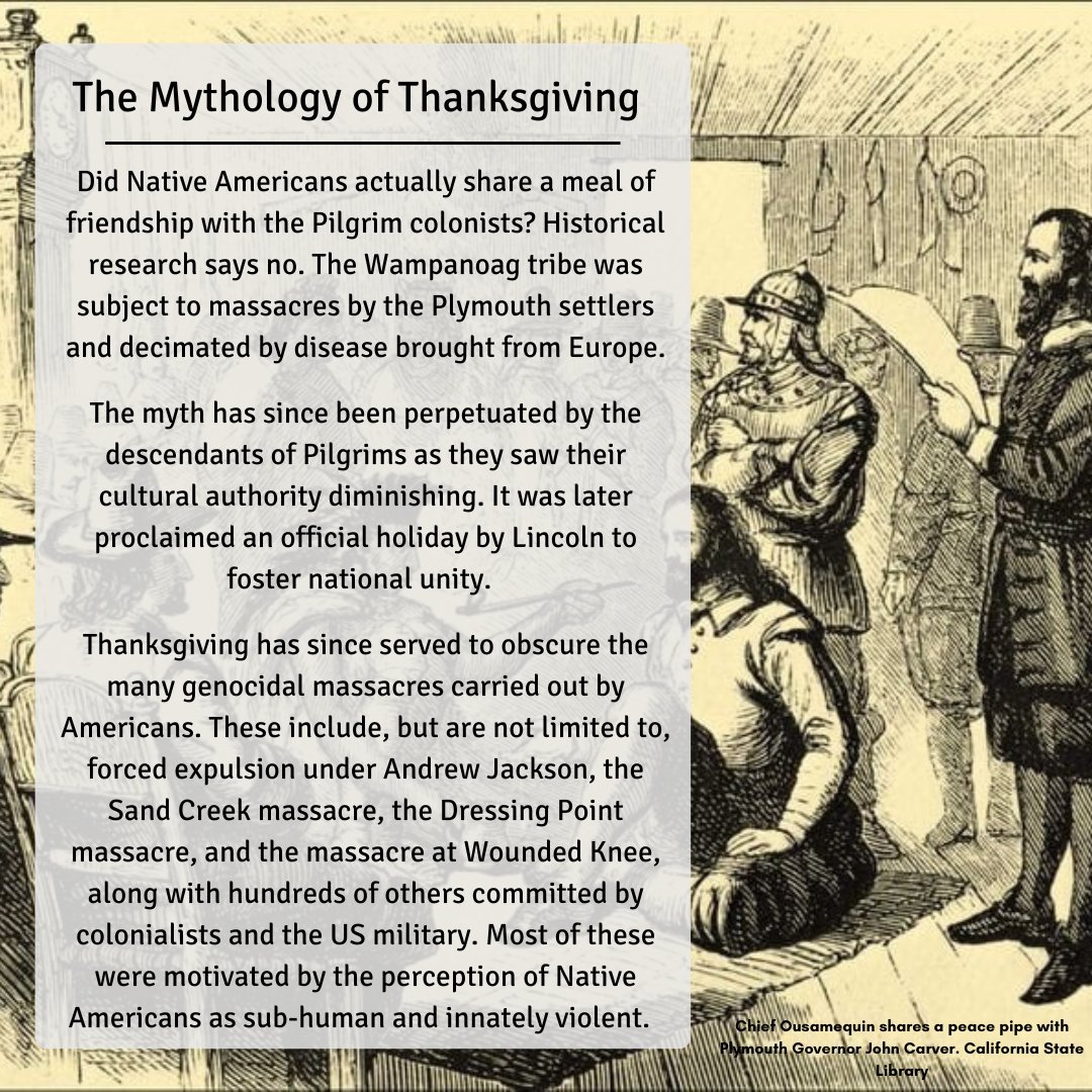 genocide_watch's tweet photo. Native Americans did not willingly give their land and friendship to the American colonists as the Thanksgiving myth suggests. Indigenous tribes were murdered, forced from their homes and brutalized in a genocide that would ultimately wipe out 90% of the continental population. https://t.co/sc7NGqBjza