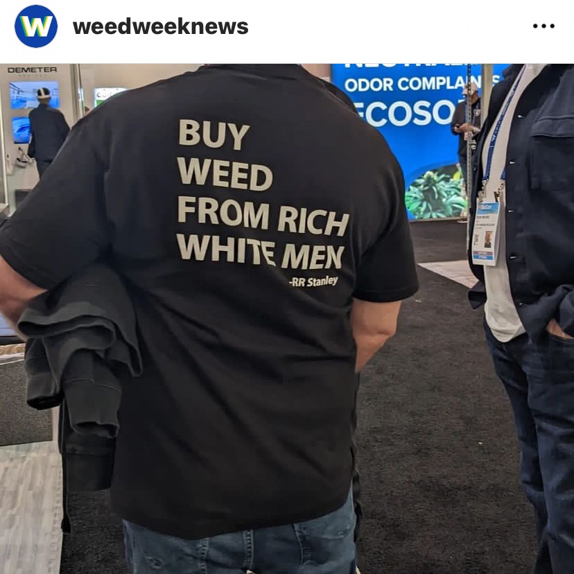 lindseybartlett's tweet photo. Racism &amp; sexism are the least creative “jokes” on earth. 

We’ve heard this joke. It has been told for centuries.

Seen at #MJBizCon, two unfortunate attendees chose to co-opt the @WeedFromWomen movement. 💔 Bringing awareness, it is in no way MjBiz’s fault (it’s women-founded). https://t.co/XYt00zoF4i