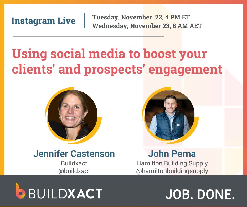 Join us for an #iglive with John Perna from Hamilton Building Supply, as he chats with <a href="/Buildxact/">Buildxact</a>'s <a href="/patitzj/">Jennifer Castenson</a> about the impact social media has had on his business. #socialmedia #building #construction #SaveTheDate
