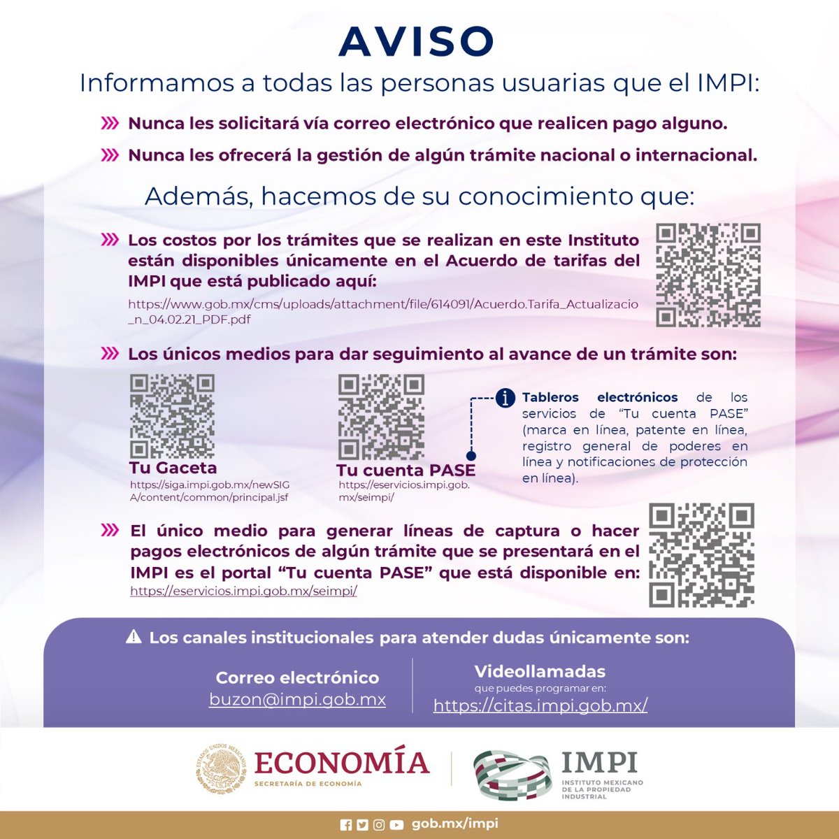 ⚠️AVISO⚠️ A todas las personas usuarias del #IMPI les agradecemos leer y compartir esta información IMPORTANTE 👇