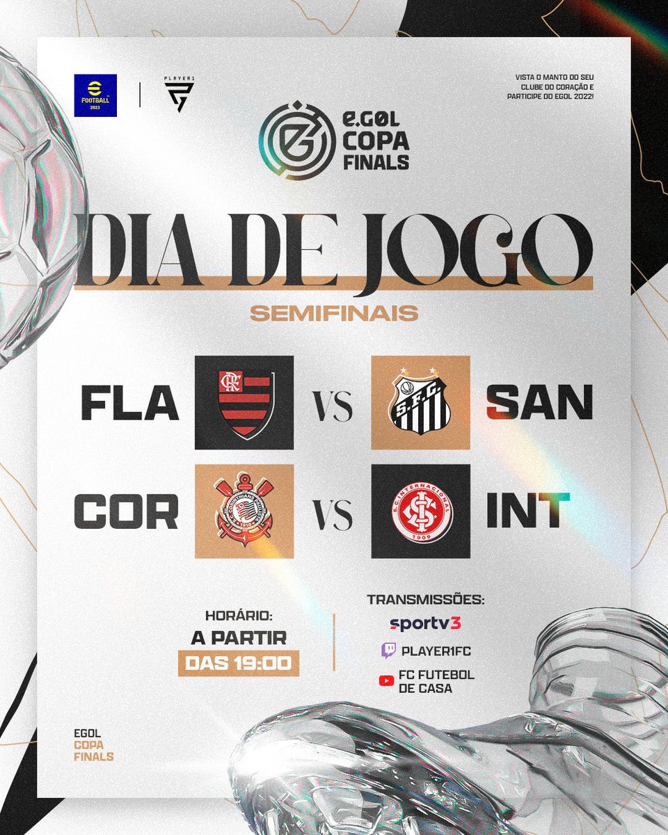 É UM JOGO ATRÁS DO OUTRO, MEU AMIGO! EU TÔ #eGOLIZADO 🤪😎

A primeira partida do dia é entre <a href="/flaesports/">Flamengo Esports</a> x <a href="/SantosFCeSports/">Santos e-Sports</a>. Logo em seguida, <a href="/corinthians_eft/">Corinthians E-Football</a> e <a href="/SCInternacional/">Sport Club Internacional</a> entram em campo🔥🏆

⏰19h
📺  youtube.com/channel/UCWS8e…

#eGOL #FuteboldeCasa #eFootball