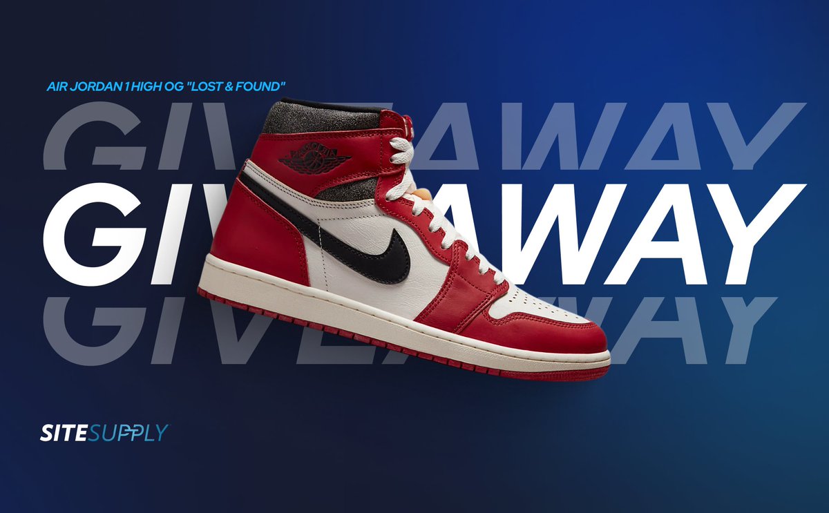 🎉 Air Jordan 1 Giveaway 🎉 1x AJ1 Lost and Found (Any Size) 👟 1️⃣ Retweet, Like & Tag a friend 2️⃣ Turn ON notifications 3️⃣ Must be following @TheSiteSupply @TSSPlus Drawing 1 winner in 24 hours ⏳