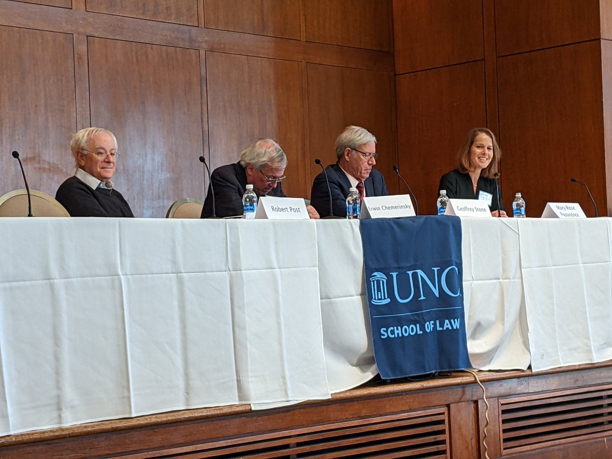 A distinguished panel with Geoff Stone, Robert Post, Erwin Chemerinsky, and @MRPapandrea, sponsored by @FirstAmendLRev, @unc_law. https://t.co/qepLLDBBVt 