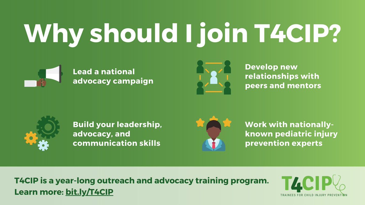 A7: If you're a med student, resident, or fellow w/interest in peds, child injury prevention, comm, health behavior change, and/or advocacy, join us! We look for diversity in applicants and messaging. Apps open now until 11/27/22 bit.ly/T4CIP <a href="/AAPSOPT/">AAP Peds Trainees</a> #BeInjuryFree