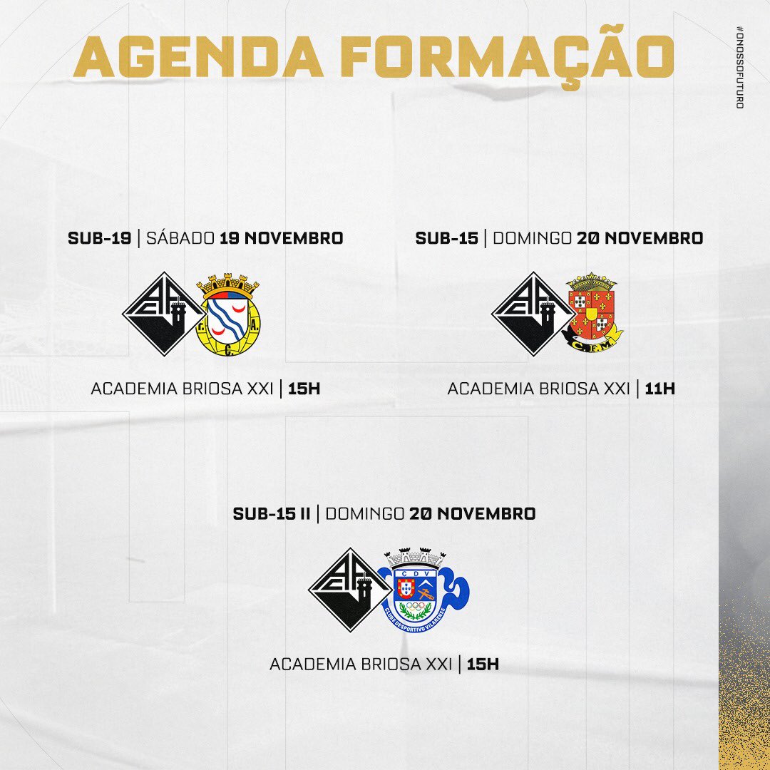 🤠 Fim de semana 𝐫𝐞𝐜𝐡𝐞𝐚𝐝𝐨 de Formação na Academia Briosa XXI.

#Sub19
Académica vs FC Alverca

#Sub15
Académica vs CF Os Marialvas

#Sub15II
Académica vs CD Vilarense 

#ONossoFuturo