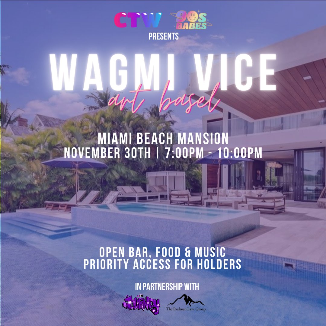 🪩 Are you ready for the biggest event of the year?

📅Nov 30th | 7pm-10pm

VIP Event hosted by CTW &amp; <a href="/90sbabesnft/">90s Babes</a> in partnership w/ <a href="/MrTravisTho/">Travie🎙FIRED UP</a> &amp; <a href="/RodmanLaw/">The Rodman Law Group</a>

🌴Details: bit.ly/3EGzsyr

🎟️Holders RSVP: Check Discord for link

💜 + RT for a chance to win a FREE ticket 😉