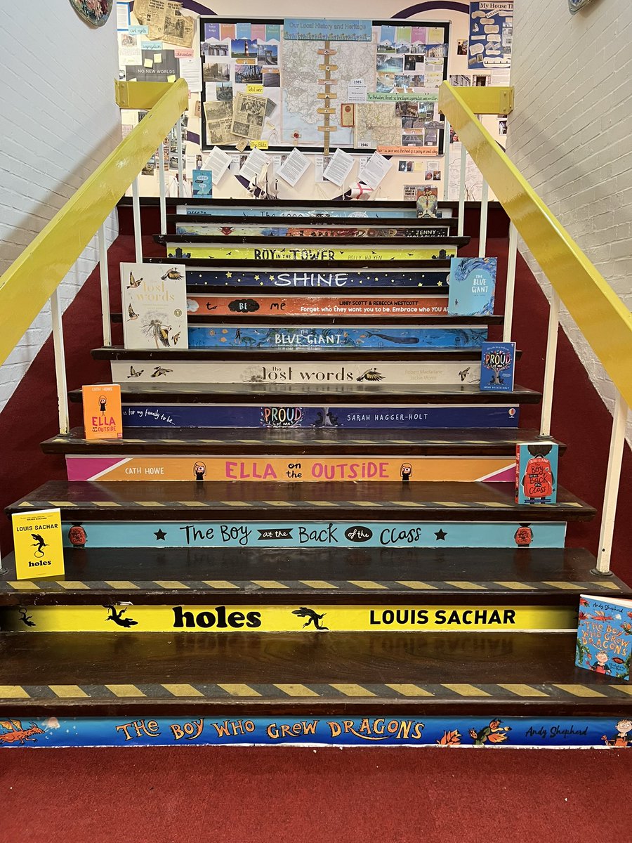 primaryreadlead's tweet photo. A staircase makeover to display some of the books within our newly published reading spine @PSMInfants #readingforpleasure #readingcommunity https://t.co/N5BXSKWKhX