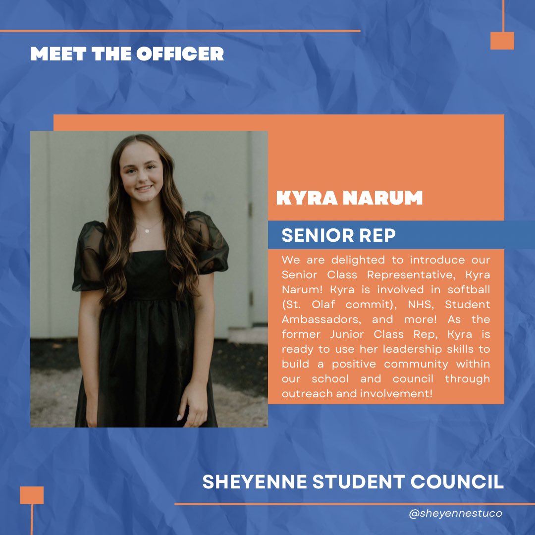 Introducing our 2022-23 Sheyenne Class Representatives! 
•
Jane John (Freshman Rep)
Hosna Dawalty (Sophomore Rep)
Sofie Layfield (Junior Rep)
Kyra Narum (Senior Rep)
•
<a href="/KyraNarum/">Kyra Narum</a> 
<a href="/wfsheyenne/">Sheyenne High School</a> 
<a href="/WFMustangAD/">SHS Activities</a>