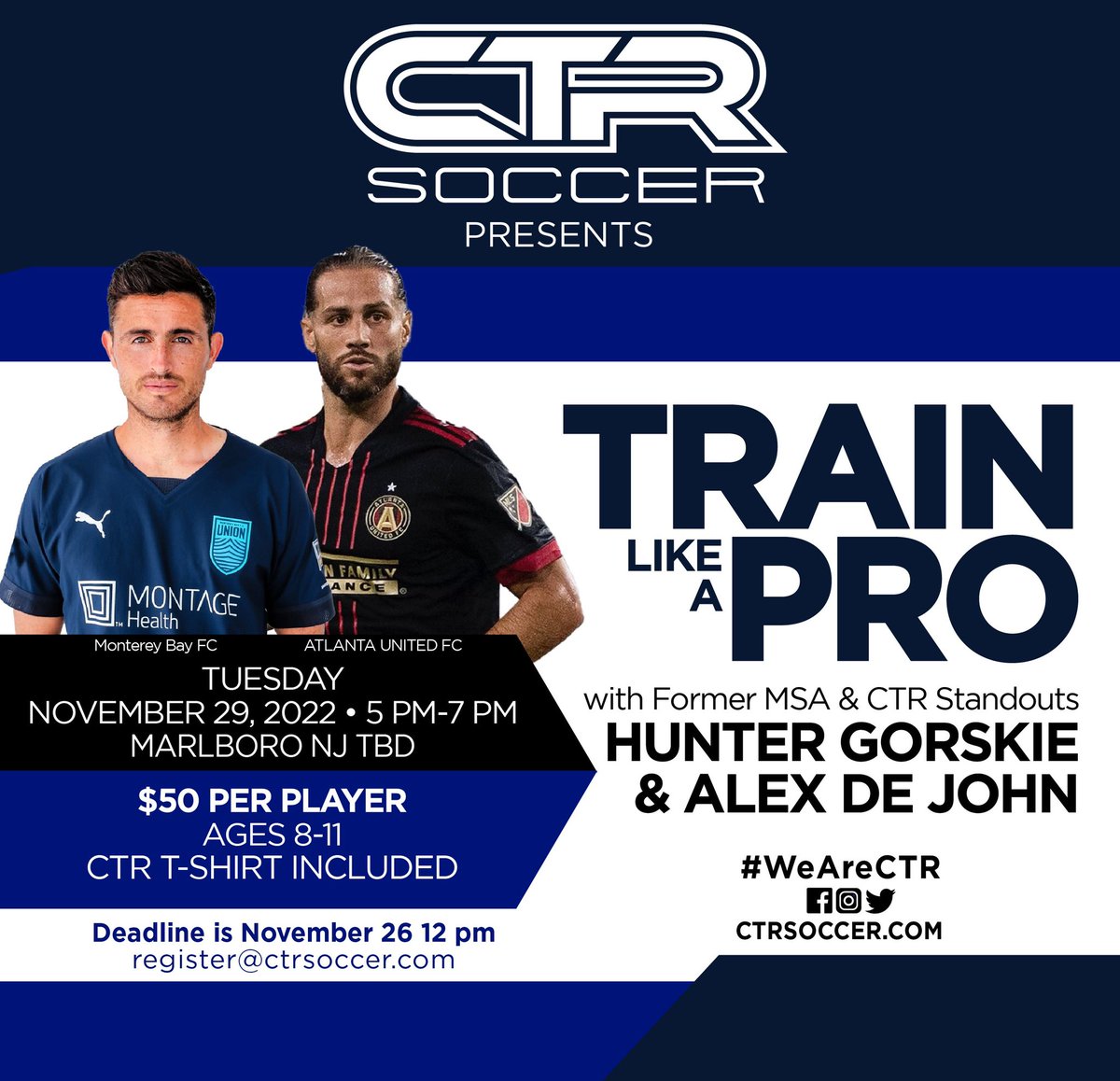 Sign up today to train with homegrown professional players <a href="/alexdejohn5/">Alex DeJohn</a> and <a href="/HunterGorskie/">Hunter Gorskie</a> ! 

Alex and Hunter are both CTR/MSA products. Come learn how to take your game to the next level with the pros!

#WeAreCTR