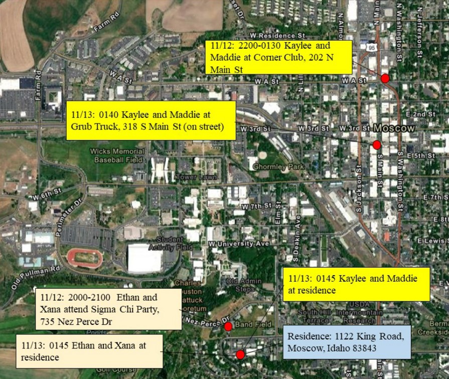 kfixler's tweet photo. NEW: The @CityofMoscowId Police Dept released a map and timeline of the four University of #Idaho victims from late Saturday/early Sunday, as they seek the public's help. Anyone with information is asked to contact them at (208) 883-7180 or by email: tipline@ci.moscow.id.us https://t.co/ICi06L3kH9