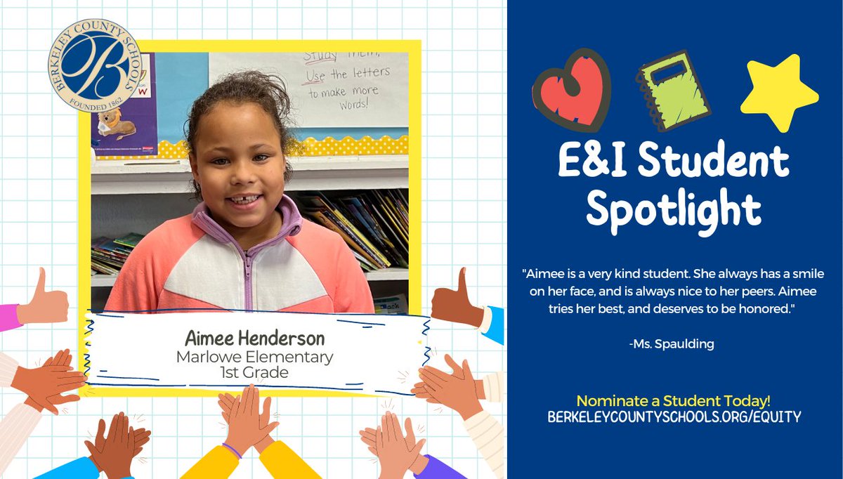 😀 You can always count on Aimee Henderson, a first grade student at Marlowe Elementary School, to brighten your day with a smile. We are proud to recognize her as this week's E&amp;I Spotlight! 😀 Way to go, Aimee! #BCSProud #EIStudentSpotlight #Marlowe #Elementary