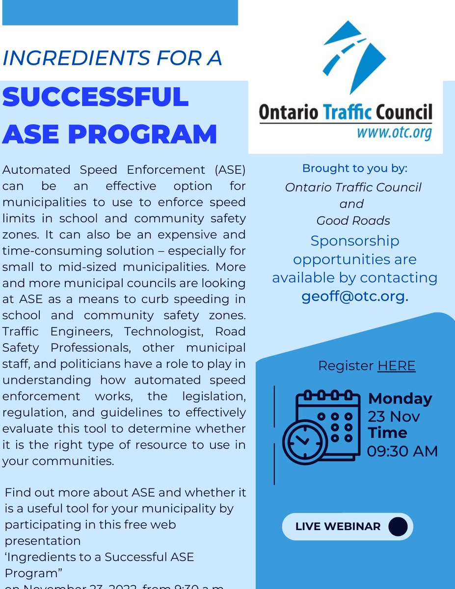 ONTARIO Municipalities - don't miss our FREE webinar "Ingredients for a Successful ASE Program" brought to you by the OTC and <a href="/GoodRoads/">Good Roads</a> 

otc.org/events/otc-web…