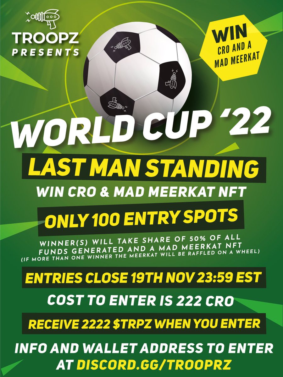 TFI FRIDAY <a href="/trooprzarmy/">Trooprz</a>  #CroFam 

See you later for Auctionz and Rafflez! 🔫

In the meantime don’t forget to register for LAST MAN STANDING! 

2222 $TRPZ back and a chance to win a Mad Meerkat and HUGE bag of CRO! 

Get in!! ⚽️

#FIFAWorldCupQatar2022 #CryptoCom #Cronos