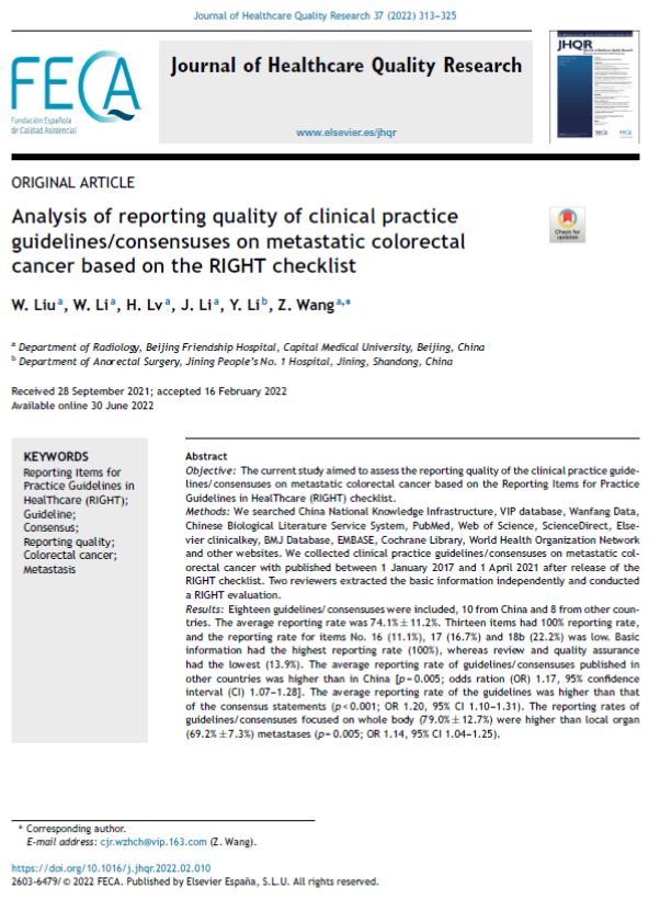 CalidadAsistenc's tweet photo. 📰 Analysis of reporting quality of clinical practice guidelines/consensuses on metastatic colorectal cancer based on the RIGHT checklist
✏️Original en el @JHealthQualityR #RevistaSECA #JHQR
👉 https://t.co/r43F1t0Tog
✅#QualityHealthcare #RIGTH #metastatic #colorectalcancer https://t.co/Q5KgtpPe7c