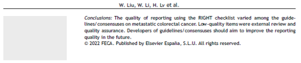 CalidadAsistenc's tweet photo. 📰 Analysis of reporting quality of clinical practice guidelines/consensuses on metastatic colorectal cancer based on the RIGHT checklist
✏️Original en el @JHealthQualityR #RevistaSECA #JHQR
👉 https://t.co/r43F1t0Tog
✅#QualityHealthcare #RIGTH #metastatic #colorectalcancer https://t.co/Q5KgtpPe7c