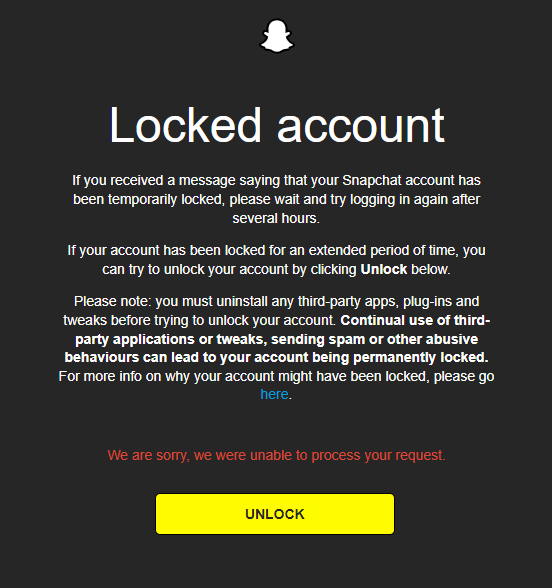 As_Crystal's tweet photo. @snapchatsupport "Your account is temporarily locked" it says on the login screen. I'm able to log in on browser but this appears now :c https://t.co/KMmyobt4Tx