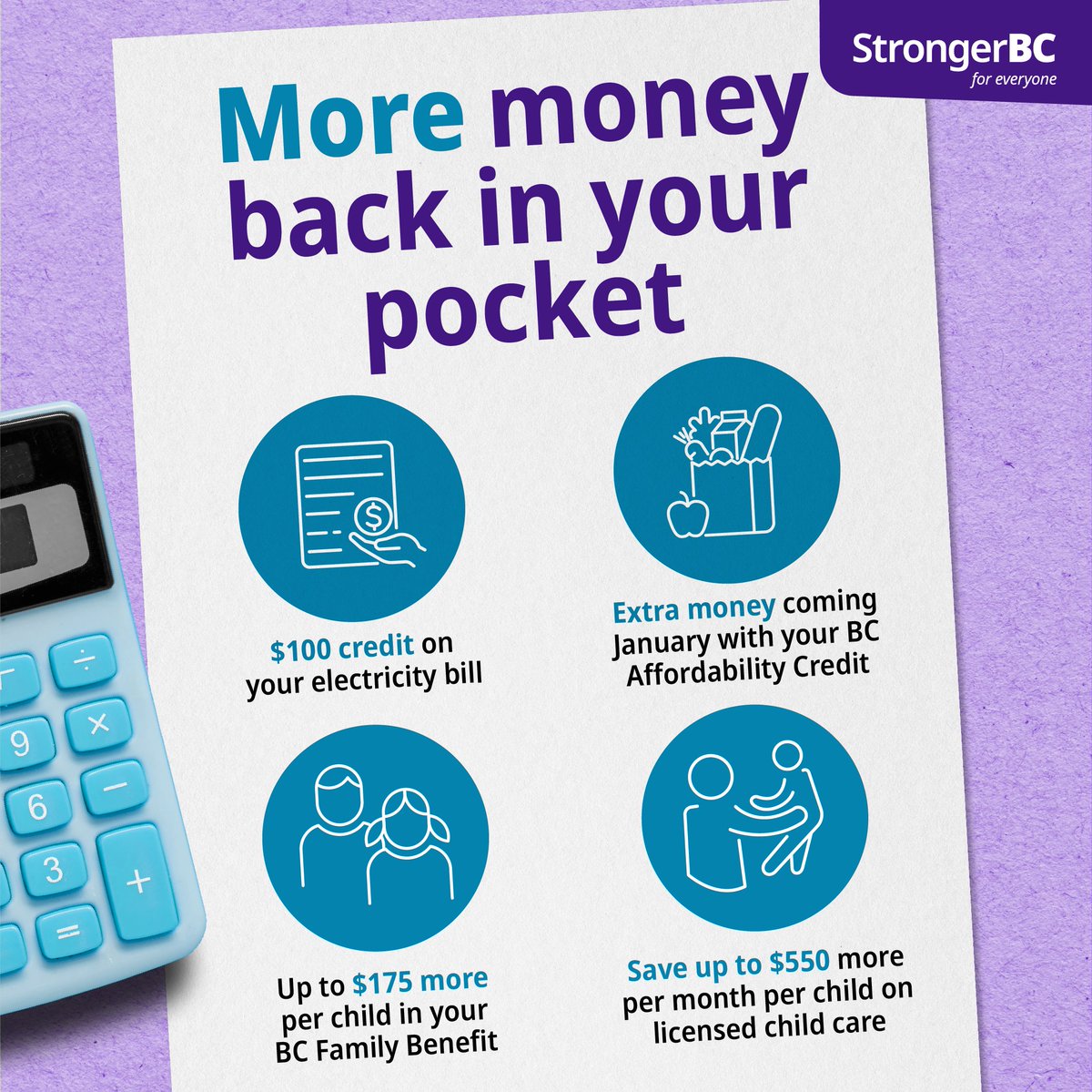 Extra support with the cost of living is on the way: 
• $100 credit on your power bill in Dec
• Savings of up to $550 per child per month on child care in Dec
• New BC Affordability Credit in Jan
• Increased BC Family Benefit for Jan-March 2023 

gov.bc.ca/savemoney
