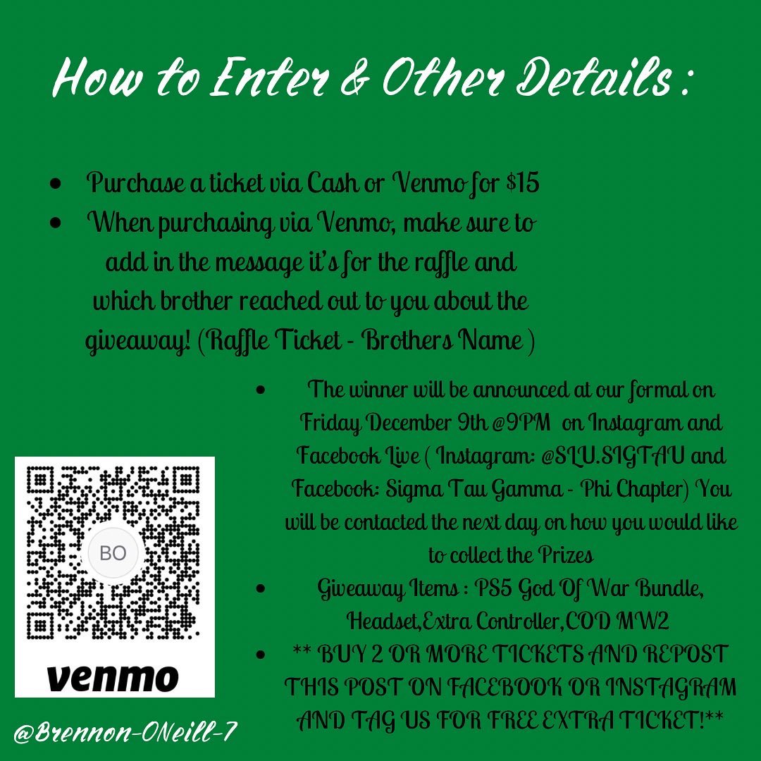 🎄🎅🚨RAFFLE TIME🚨🎅🎄
The Phi Chapter of Sigma Tau Gamma at Southeastern Louisiana University will be doing a raffle for a chance to WIN a BRAND NEW PS5 Bundle along with an extra headset,extra controller and two games (COD MW, God Of War)!