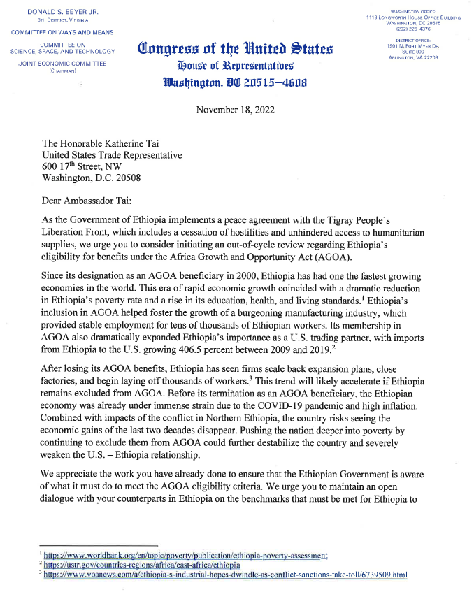 RepDonBeyer's tweet photo. Ethiopia's peace agreement and cessation of hostilities mean rebuilding can now begin. Renewed access to AGOA benefits would help Ethiopia’s economy, exporters, and workers. I urge Ambassador Tai to consider initiating an out-of-cycle review regarding Ethiopia’s eligibility. https://t.co/dWznnIOCDh