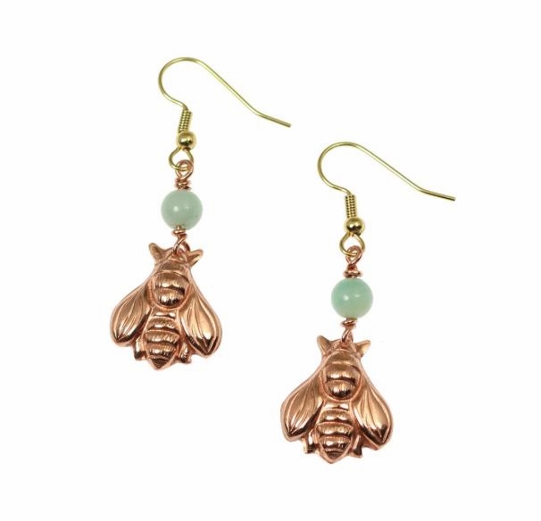 Trendy Copper Honey Bee Drop Earrings with Amazonite Listed on John S Brana Handmade Jewelry #JohnSBrana johnsbrana.com/products/coppe… #CopperEarrings #SFMade #BeeEarrings