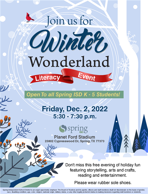 SpringISD's tweet image. Are you ready for Winter Wonderland? It’s all happening this Friday, December 2! It’s free to any Spring ISD elementary student!
