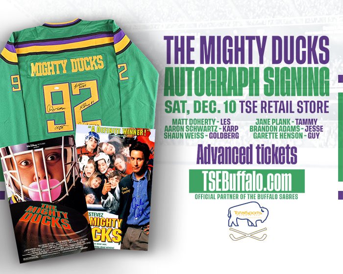 TSEBuffalo's tweet photo. 🚨GIVEAWAY🚨

We are giving away a ticket to our Mighty Ducks cast PUBLIC SIGNING!! The ticket includes an autograph from each cast member! 🥅 🏒

Here's how to enter⬇️🫵
- Follow @TSEBuffalo 
- Retweet this tweet &amp; tag 3 friends

Winner will be announced Wednesday, Dec 7th⏰ https://t.co/bBSDaSE1tu