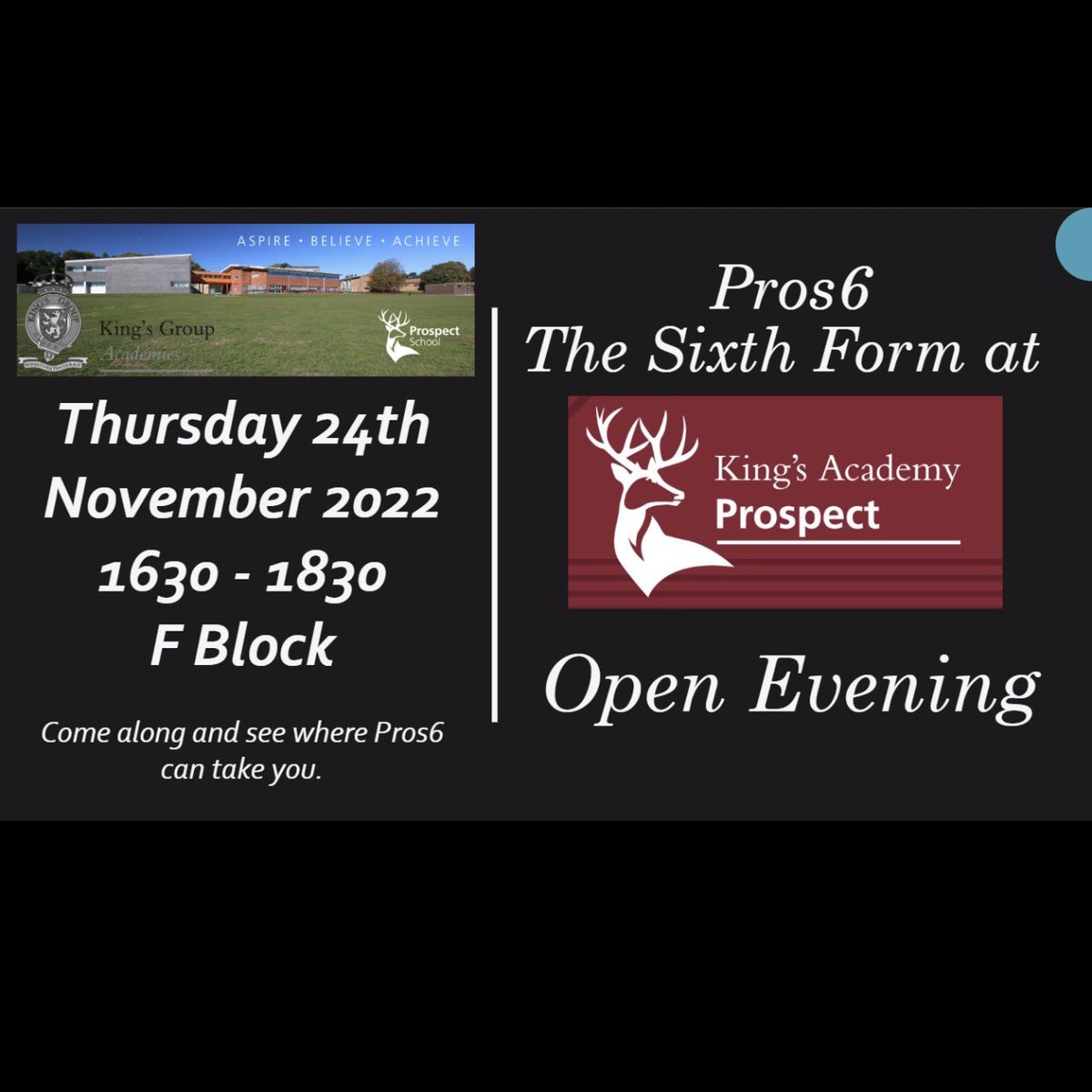 kaprospect's tweet photo. Pros6 Open Evening Thursday 24th November. Come and see our Ofsted rated GOOD #sixthform with a wide range of level 2 &amp; 3 courses; A levels, BTEC, VTCT, foundation and vocational courses. #aspirebelieveachieve #prideinprospect https://t.co/1ZZXCrqn2N