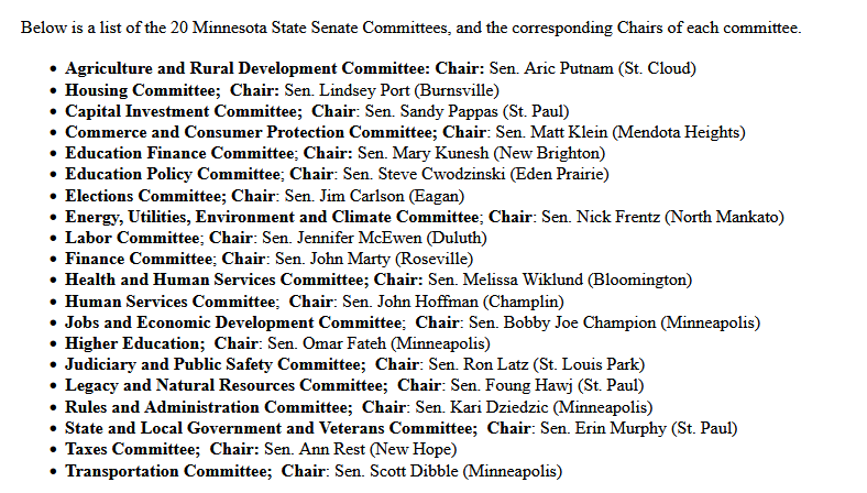 TheoKeith's tweet image. #mnleg watchers/lobbyists/issue advocates: The Senate DFL has released its list of committee chairs.