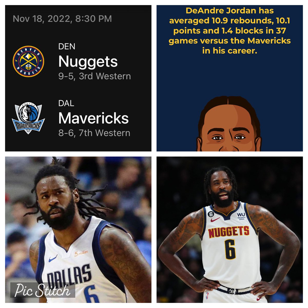 FutureFitted's tweet photo. Nuggets C DeAndre Jordan has a tall task ahead of him tonight vs Luka Doncic and his former team the Dallas Mavericks. With Nikola Jokic being ruled out for Denver (COVID-19 protocols) DJA gets the start. #SportsGambling #familiarface #formerteam #nba #NBATwitter #GamblingTwitter https://t.co/p7qi0Z6zRf