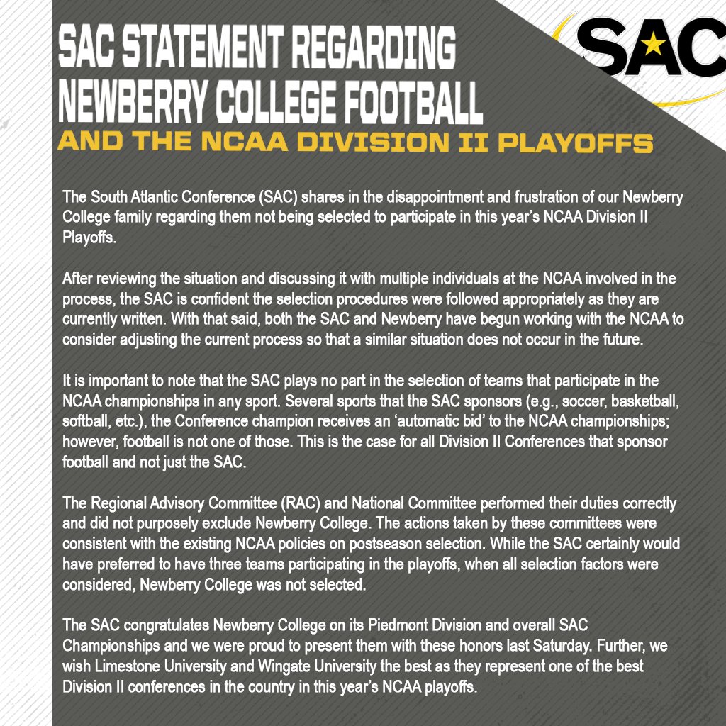 South Atlantic Conference on Twitter: "SAC STATEMENT REGARDING NEWBERRY  COLLEGE FOOTBALL AND THE NCAA DIVISION II PLAYOFFS @NewberrySports  https://t.co/3Te8947gtt" / Twitter