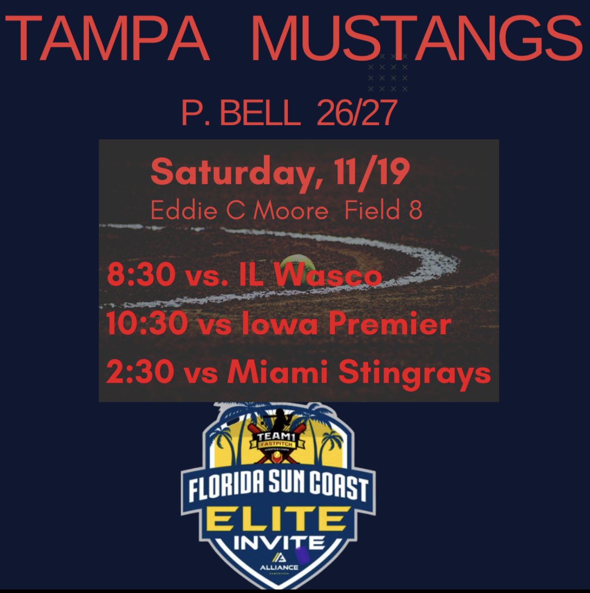 MustangsPBell's tweet photo. The girls are ready to hit the clay early tomorrow morning at the @Team1_fastpitch Florida Sun Coast Elite Invite tournament! #tammpamustangs #oneteamonedream https://t.co/lvZ6BPLTnw