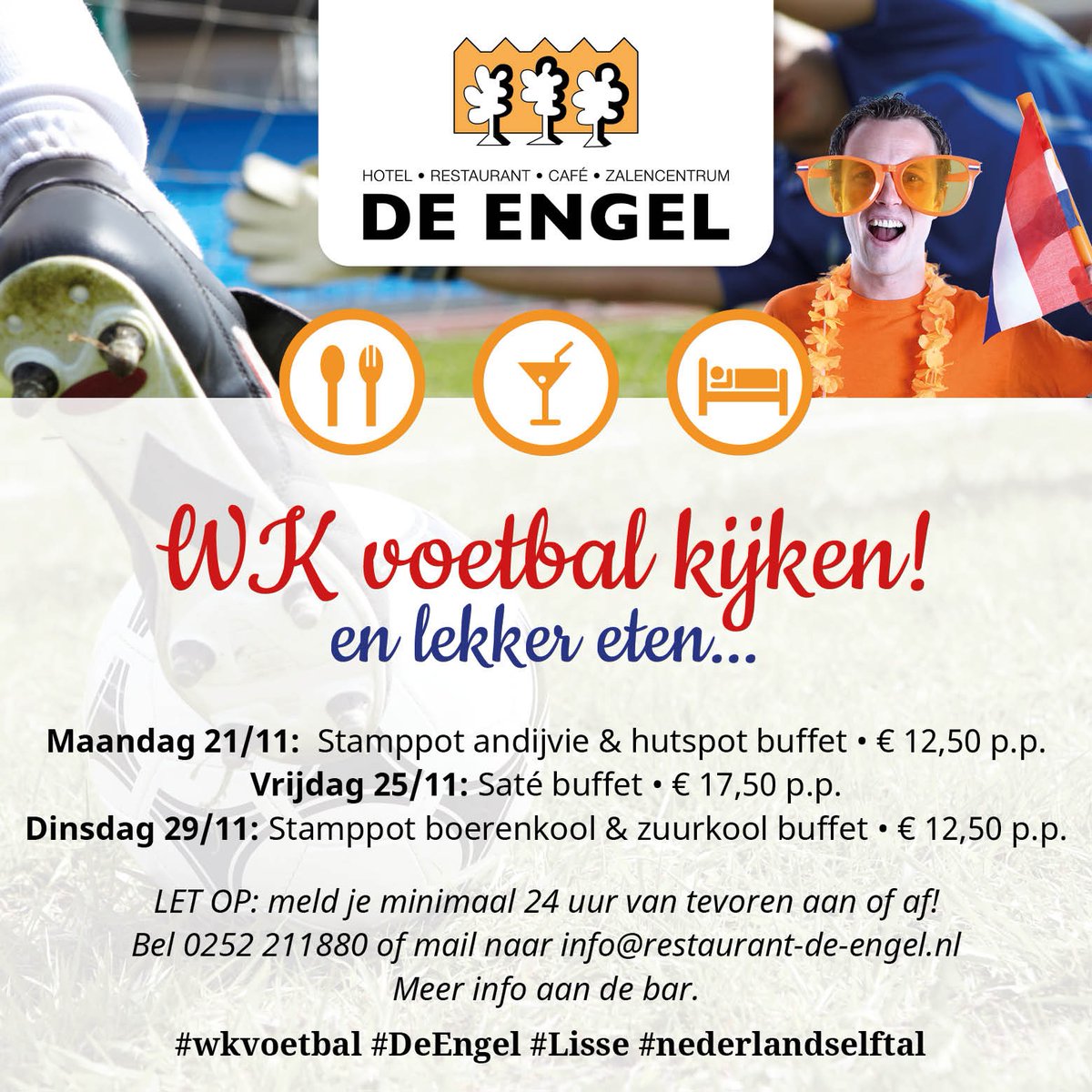 As maandag vanaf 17.00 wedstrijd op verschillende tv's en om 17.45 uur start buffet. Uiteraard ook zonder deelname buffet zijn jullie welkom <a href="/DeEngelLisse/">Restaurant de Engel</a> #WKQatar