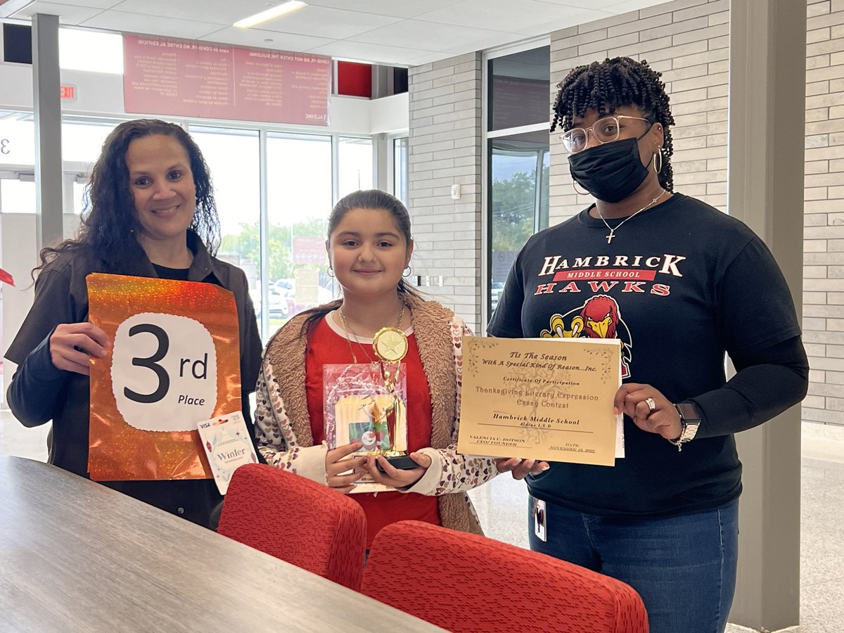 HMS_Couns's tweet photo. Once a @HambrickMS_AISD Hawk, always a Hawk! @vecedottie hosted her AMAZING Annual Thanksgiving Essay Contest “If I could, I would…” today. This participant transferred to another school, but we HAD to get her prizes to her! This is WHY ❤️ Congrats baby girl! https://t.co/4HwutVOh9W