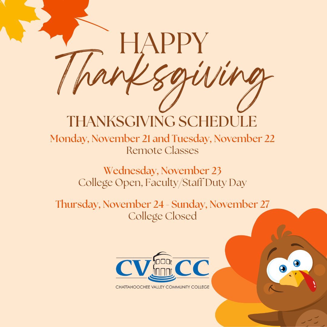 Chattahoochee Valley (@cvccpirates) on Twitter photo We want to wish everyone a Happy Thanksgiving! 
Remember, classes will be remote Monday and Tuesday with the College Closed from Thursday - Sunday. We want to wish everyone a Happy Thanksgiving! 
Remember, classes will be remote Monday and Tuesday with the College Closed from Thursday - Sunday.