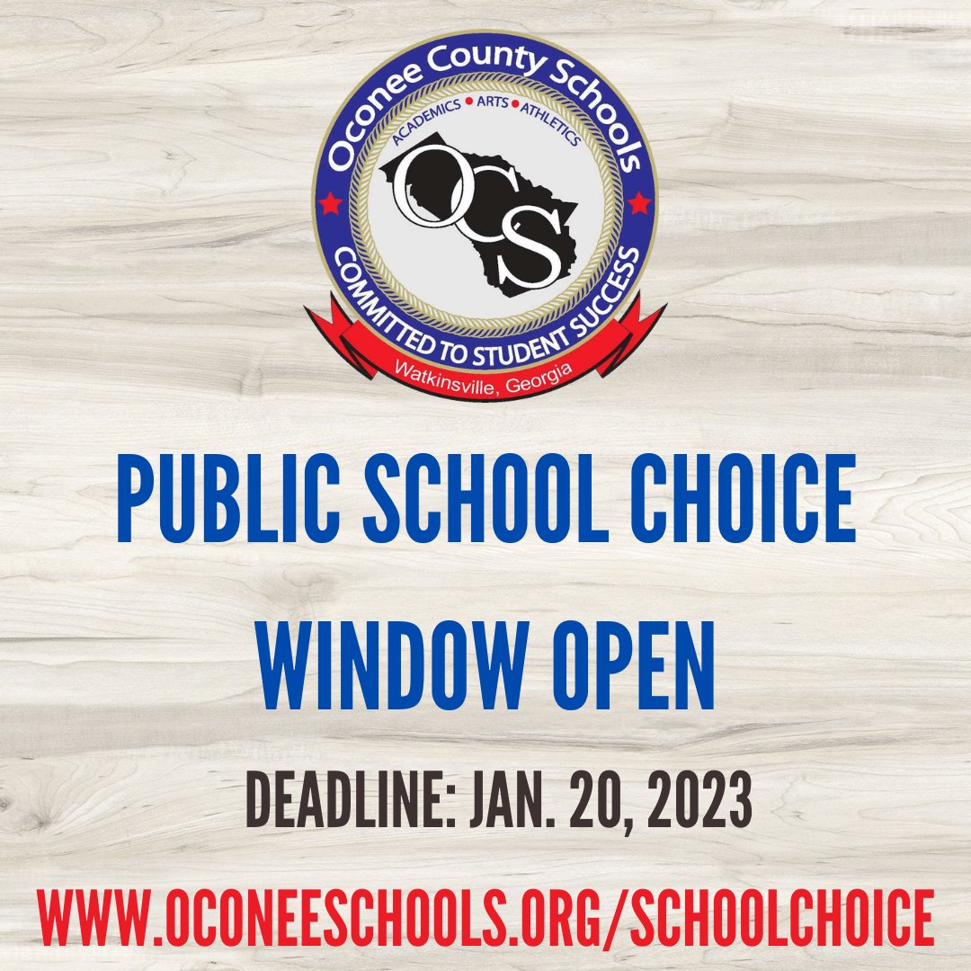 The window for school choice for the 2023-24 school year is now open. To view the list of available schools and for the transfer application, please visit oconeeschools.org/schoolchoice.