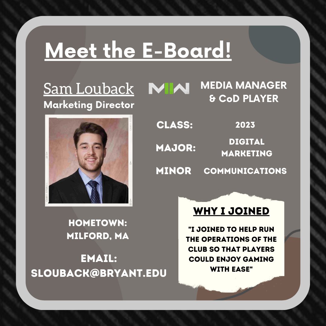 ✨E-Board Highlight Week 5 ‼️ 
Sam Louback is a Senior &amp; the marketing director for the 22-23 school year. He's on the club's Call of Duty team, who start competing in the Spring. Join our club's Discord to get to know more about our members!