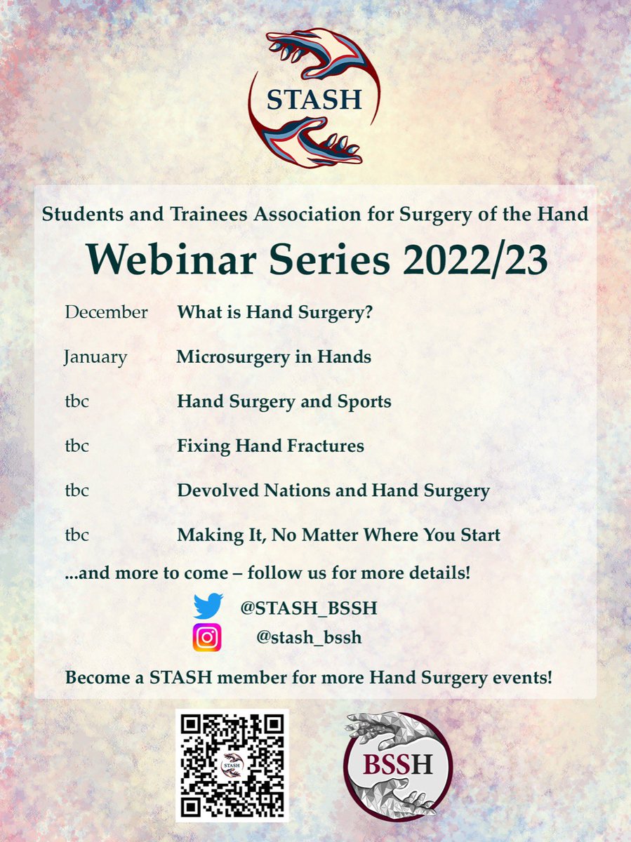 STASH (@stash_bssh) on Twitter photo 📣 STASH Webinar Series 📣
1️⃣ “What is Hand Surgery?”
🗣️ Mr Alex Bolt
🗓️ 8th Dec 2022
🕗 8pm
Ever wondered what exactly hand surgeons do? How to become one? The inaugural <a href="/BSSHand/">British Society for Surgery of the Hand</a> STASH webinar of our 2022/23 series will take place in 3 weeks! Joining details to follow. 📣 STASH Webinar Series 📣
1️⃣ “What is Hand Surgery?”
🗣️ Mr Alex Bolt
🗓️ 8th Dec 2022
🕗 8pm
Ever wondered what exactly hand surgeons do? How to become one? The inaugural <a href="/BSSHand/">British Society for Surgery of the Hand</a> STASH webinar of our 2022/23 series will take place in 3 weeks! Joining details to follow.