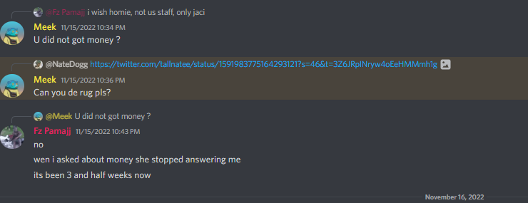 screenshots of staff talking about their lack of payment in hypos NFT