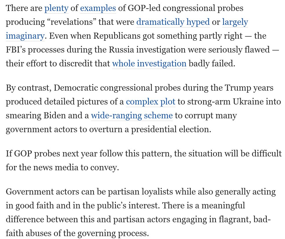 GregTSargent's tweet photo. Here's the thing: The press needs to distinguish between oversight conducted in good faith and in the public interest, and sham investigations/obvious abuses of the process. 

If media coverage doesn't make that clear next year, it will be disastrous.

https://t.co/tMp27lteaA https://t.co/bc31UfVApw