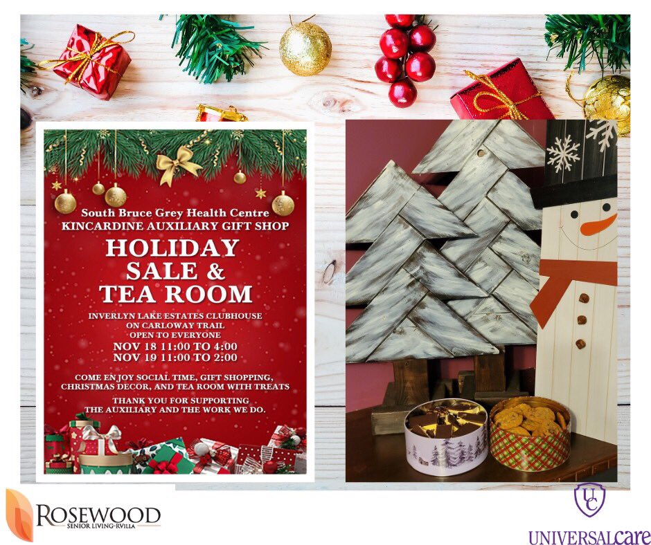 Rosewood RVilla is proud to support The Holiday Sale and Tea Room at Inverlyn Lake Estates put on by Kincardine Hospital Auxiliary-South Bruce Health Centre.  Stop by!
#RosewoodRVilla  #Ripley #UniversalCare #KincardineHospitalAuxillarySouthBruceHealthCentre