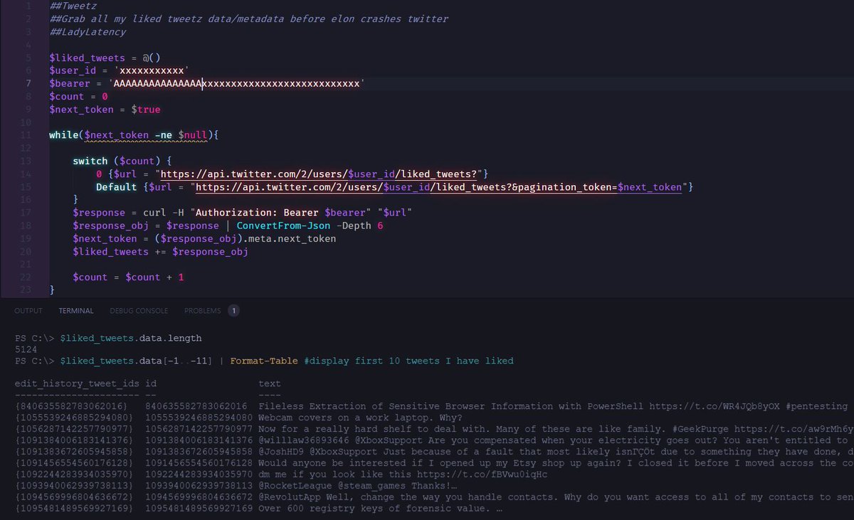 Some PowerShell code to export all of the important tweets you've liked, which is how I save important tweets, in case twitter infrastructure has issues and they somehow get lost. Sign up for free twitter dev account to get Auth Token ability #PowerShell #twitterapi #VScode