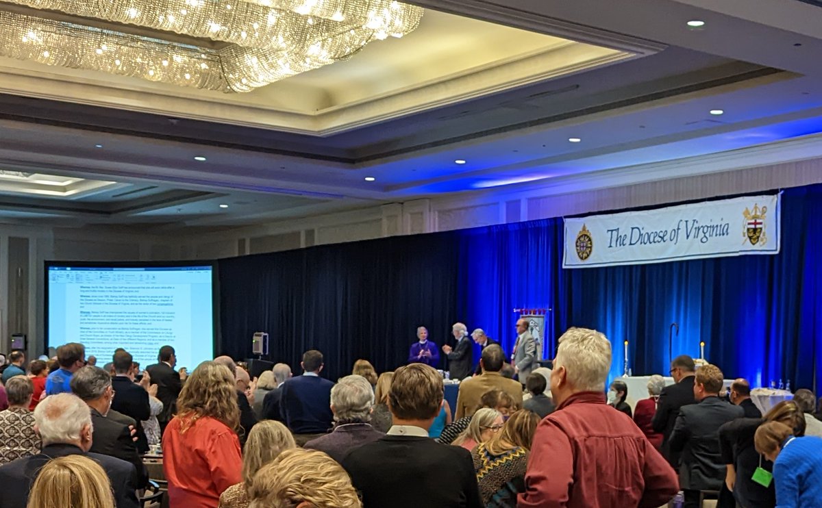 We pause in the midst of resolutions and suspend the rules of order to offer applause for a courtesy resolution honoring Bishop Susan Goff. #DioVA