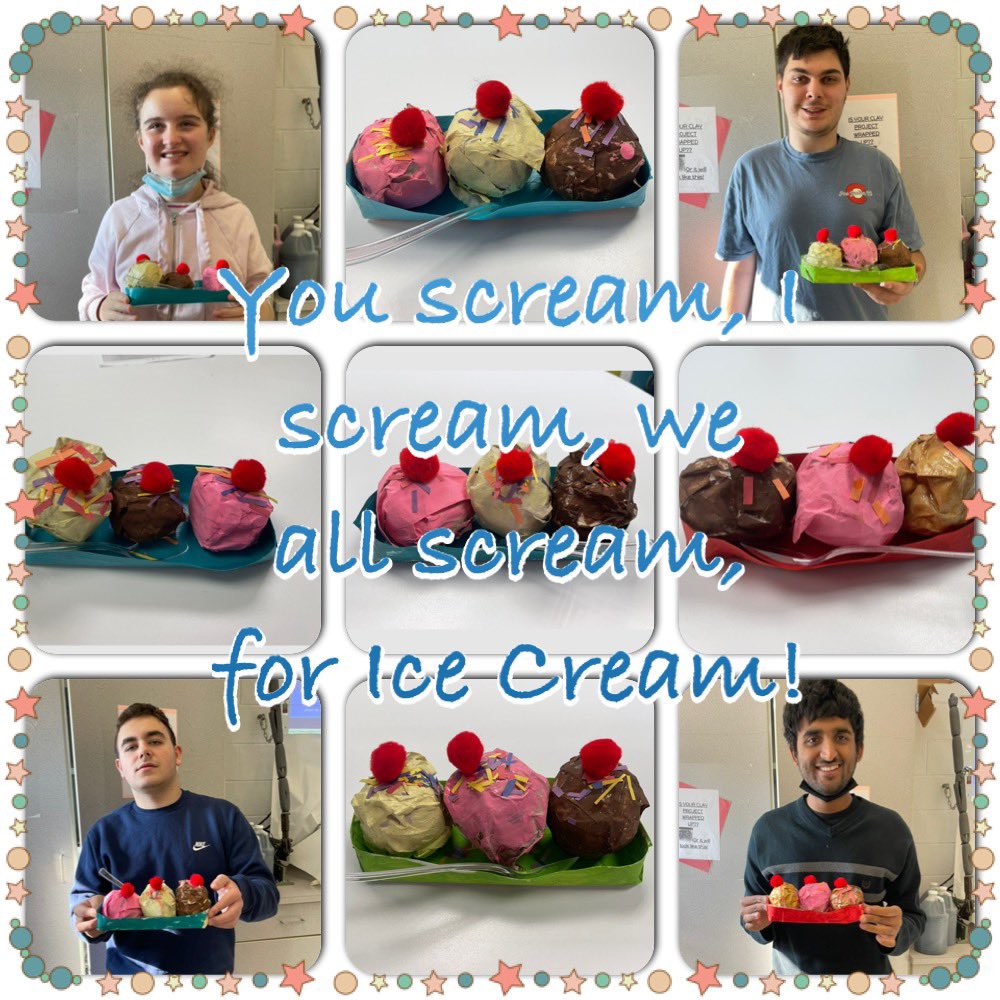 My awesome art kids showing off their paper Mache ice cream! #AutismAwareness #autismart #theregional <a href="/Turtle_HHS/">Lizabeth</a> <a href="/BravermanHHS/">Jeremy Braverman-Howell HS Principal</a>