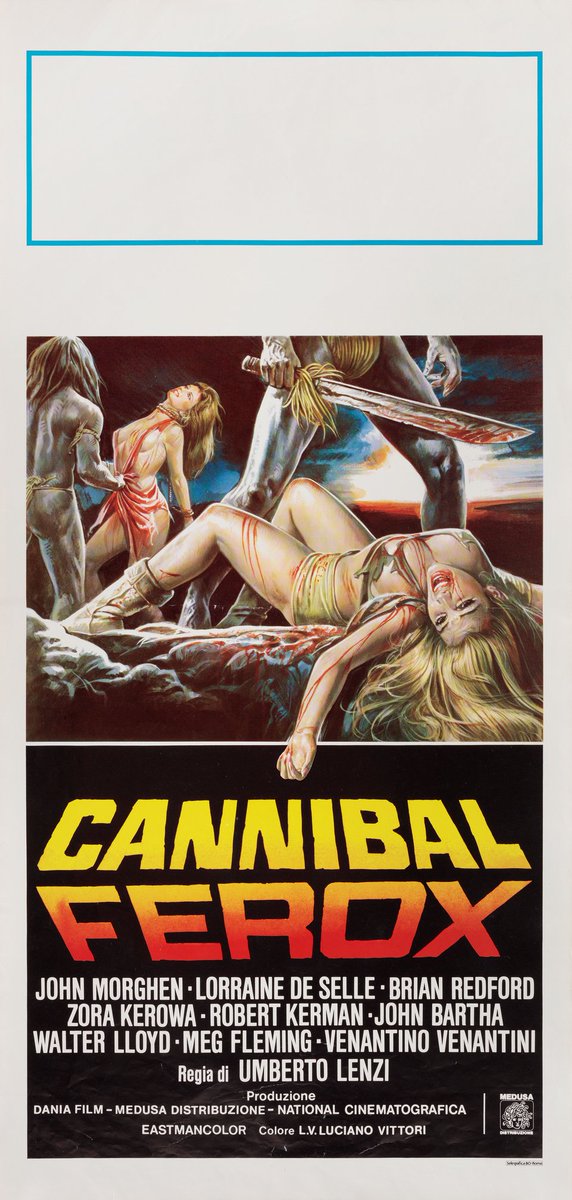 Italian film poster for #UmbertoLenzi's notorious #CannibalFerox aka #MakeThemDieSlowly (1981) #GiovanniLombardoRadice #LorraineDeSelle #VideoNasty