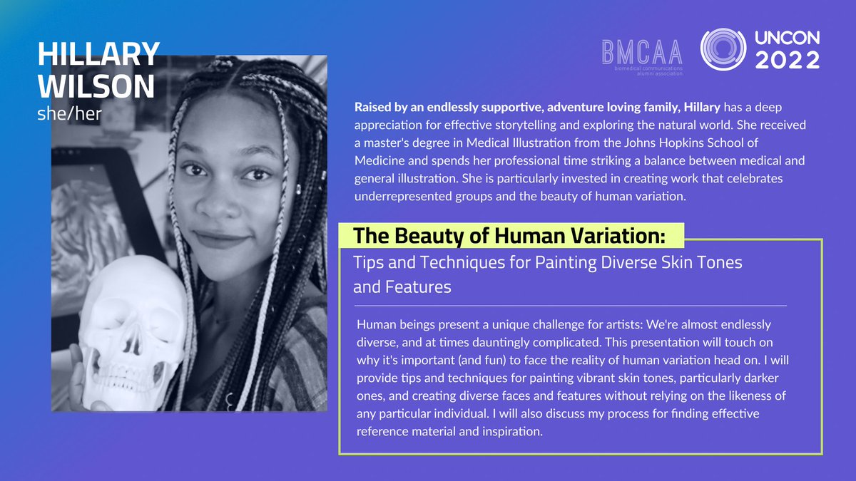 At #bmcaaUNCON: Hillary Wilson will be sharing techniques for painting diverse skin tones and features! 

Join us Nov 19 ONLINE OR in-person (FREE!) linktr.ee/bmcaaexec

#medart #scicomm #steam #design #visualart