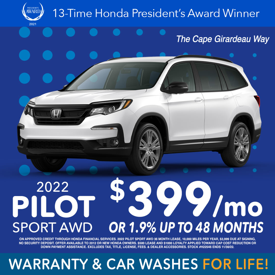 We have great financing options on the 2022 Honda Pilot Sport AWD!

Come visit us this week at #CapeGirardeauHonda or shop online at capegirardeauhonda.com/new-vehicles/p…

#CapeGirardeau #TheCapeGirardeauWay #ProudHondaDealer #Honda #Pilot #AWD #Sport #NewCar #Financing #Available #OnTheLot