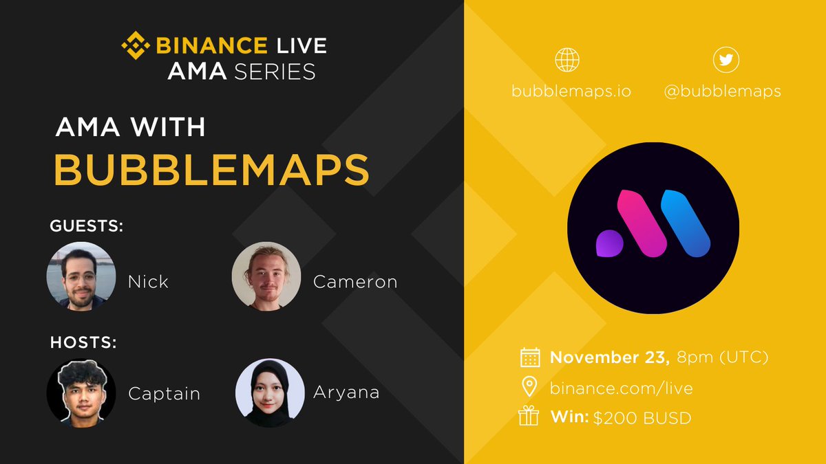 bubblemaps's tweet photo. Our team will be live on @Binance for an AMA on November 23, 9pm CET

We can't wait to see you there for a surprise announcement!

https://t.co/jmOR1Fnt9c https://t.co/uCkkLKqVDY