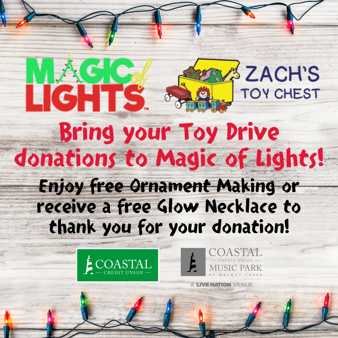 Coastal Credit Union Music Park (@coastalmp) on Twitter photo Spread the holiday cheer this season by donating to the Magic of Lights Toy Drive - benefitting <a href="/ZachsToyChest/">Zach's Toy Chest</a>, a local non-profit organization designed to help pediatric patients! 🎁
You will be able to enjoy free Ornament Making or receive a free Glow Necklace! Spread the holiday cheer this season by donating to the Magic of Lights Toy Drive - benefitting <a href="/ZachsToyChest/">Zach's Toy Chest</a>, a local non-profit organization designed to help pediatric patients! 🎁
You will be able to enjoy free Ornament Making or receive a free Glow Necklace!